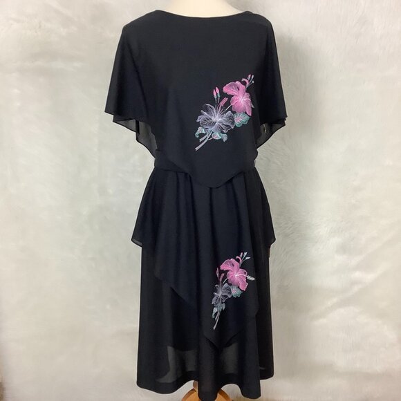 Vintage 70s, 80s Black Floral Layered Tiered Belted Dress NWT Petite M/L - Picture 1 of 6